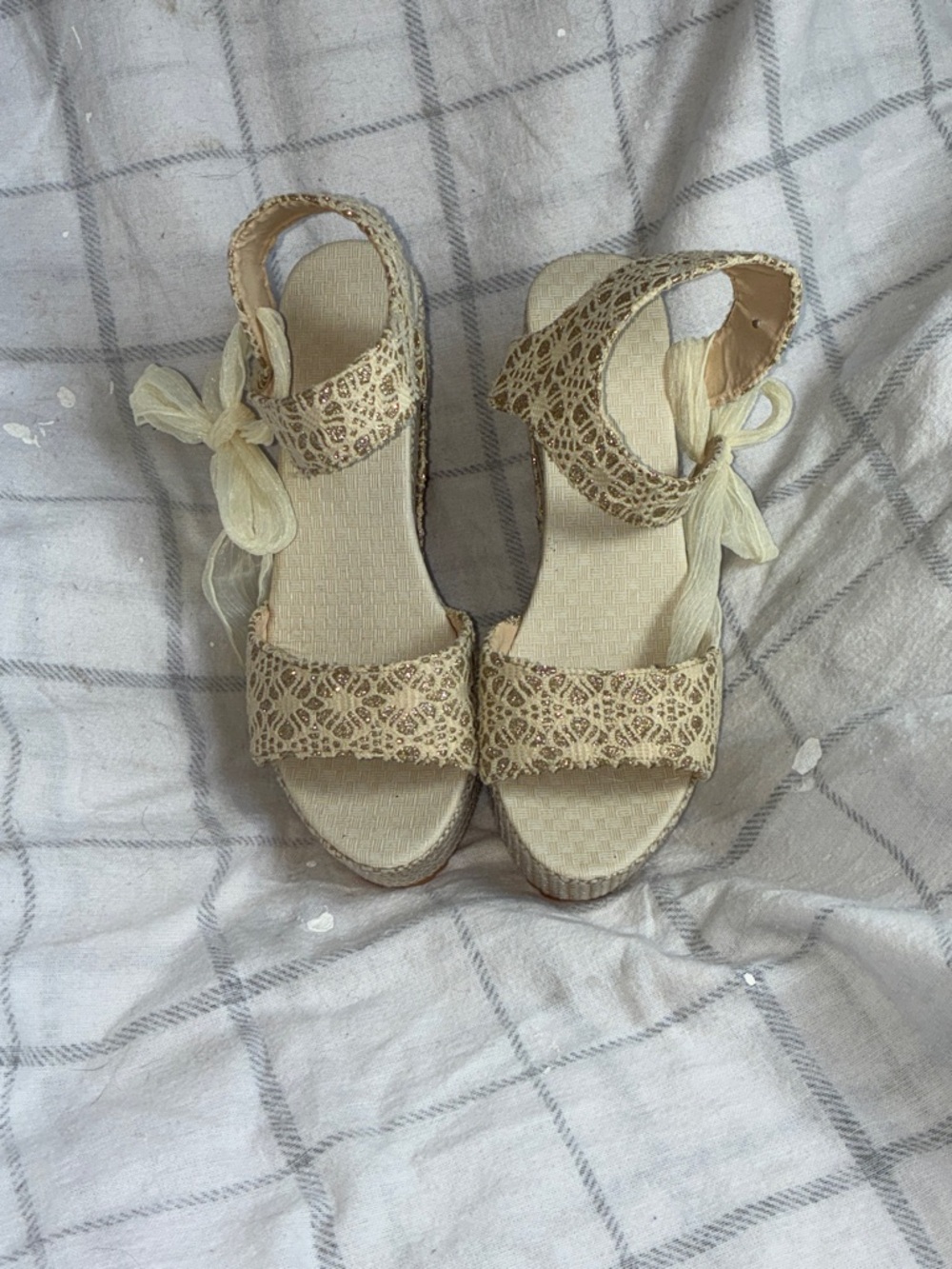 Lace Wedge Sandals - Cream